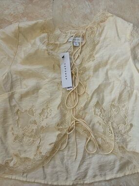NEW Topshop Pale Cream Lace-Trim Tie-Front Top